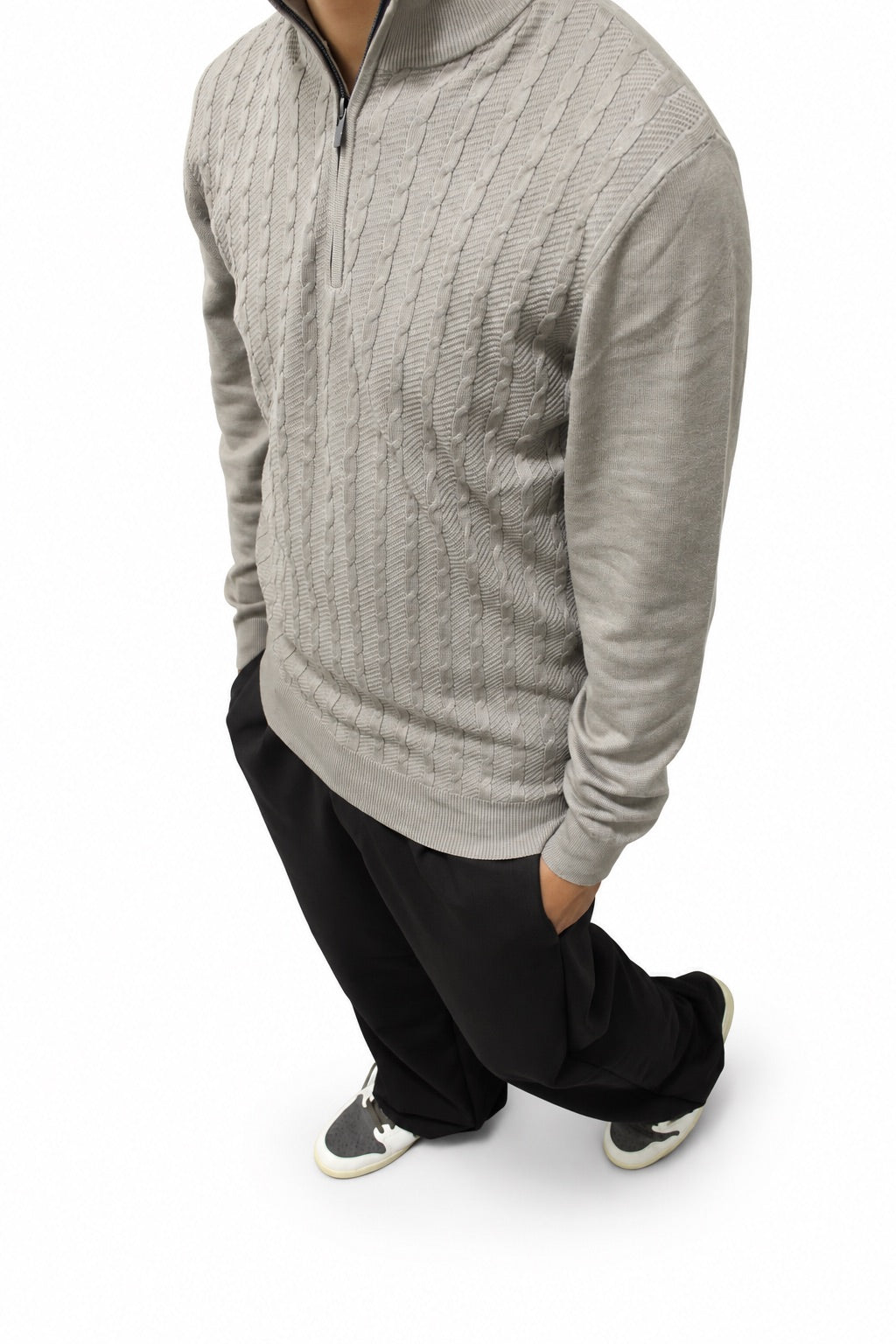 Maglione a Mezza Zip a Trecce – Fango