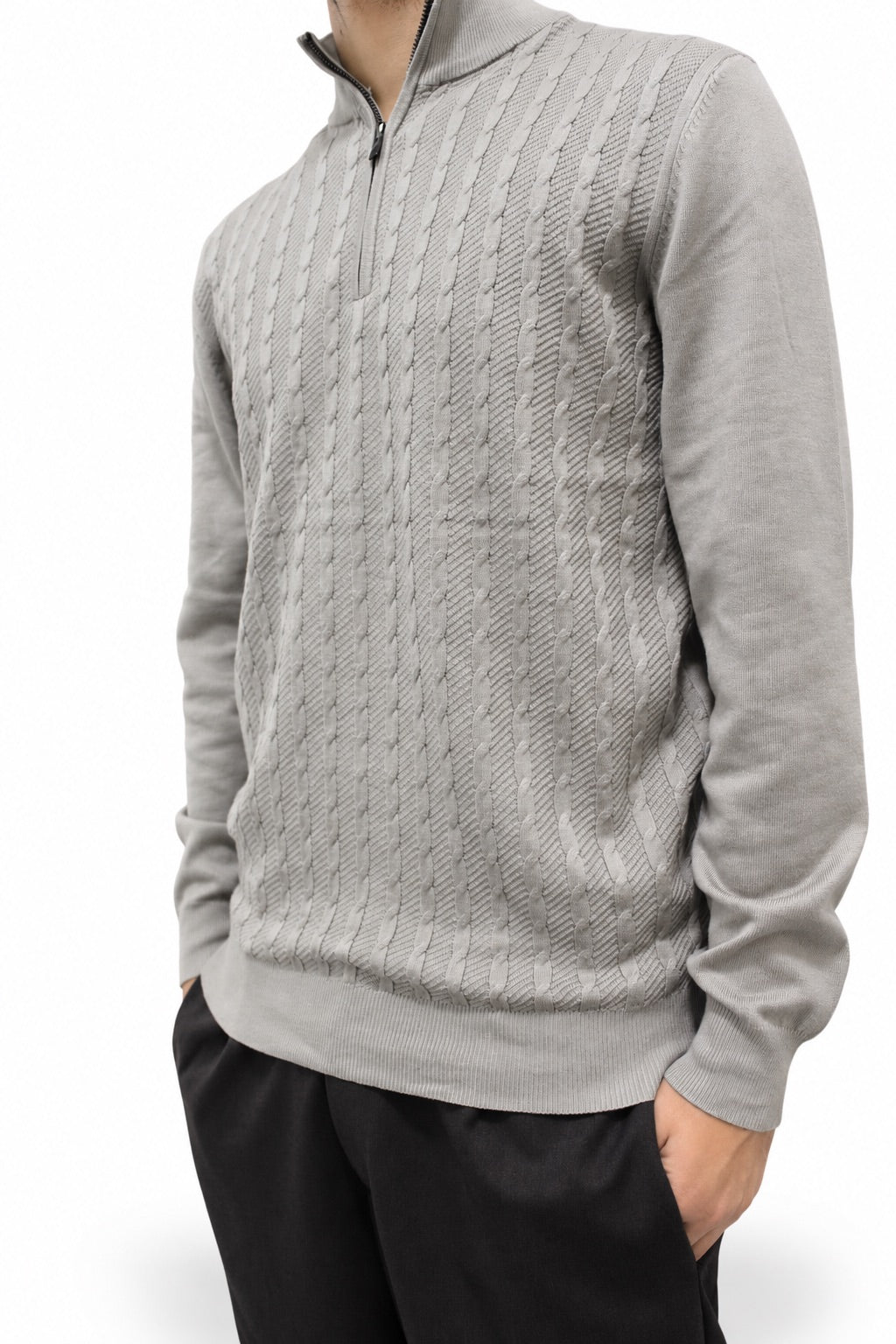 Maglione a Mezza Zip a Trecce – Fango